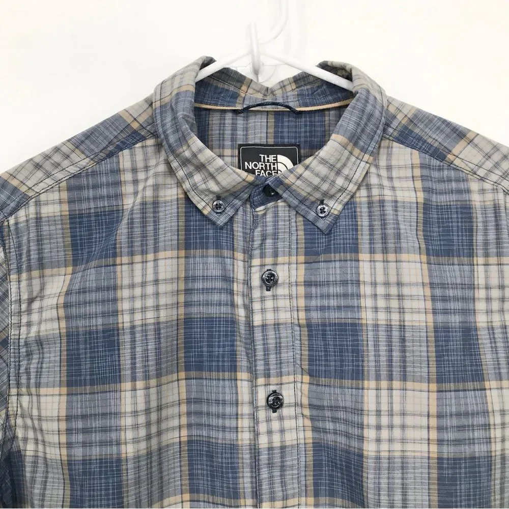 The North Face Blue Tan Plaid Short Sleeve Casual Button Down Performance Shirt